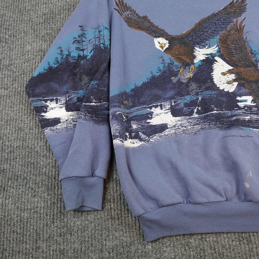 Vintage Bald Eagle Wrap Around Sweatshirt Mens Large Blue Fleece AOP - Picture 3 of 12